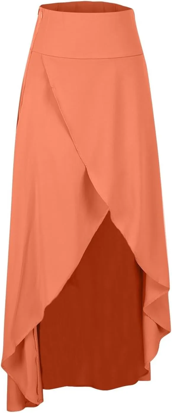 Maxi Skirts for Women Trendy Asymmetrical Boho Midi Beach Skirt High Waist Ruffle Wrap Skirt High Low Draped Skirts