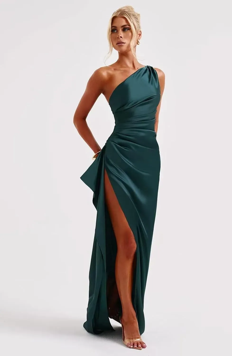 Maxianever Satin Prom Dresses for Women Long One Shoulder Slit Formal Cocktail Dress