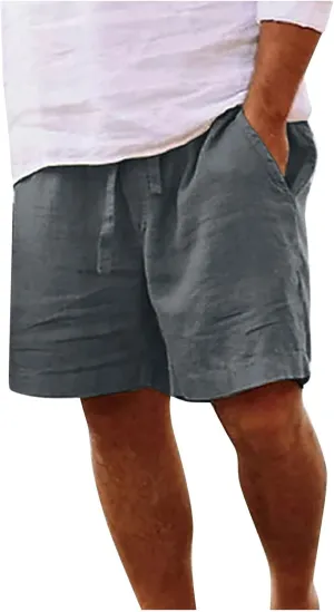 Men Linen Shorts Casual Elastic Waist Drawstring Cotton Linen Summer Beach Shorts with Pockets Loose Outdoor Shorts