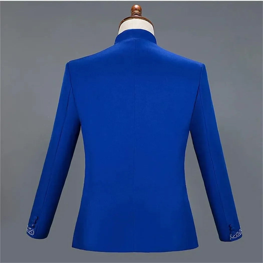 Men's 2 Piece Suits Slim Fit Stand Collar 1 Button Shining Embroidered Flower Blazers and Pants