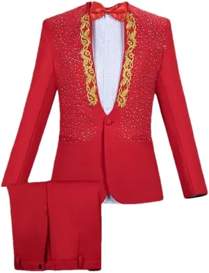 Men's 2 Piece Suits Slim Fit Stand Collar 1 Button Shining Embroidered Flower Blazers and Pants