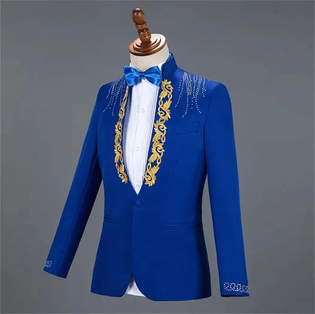 Men's 2 Piece Suits Slim Fit Stand Collar 1 Button Shining Embroidered Flower Blazers and Pants
