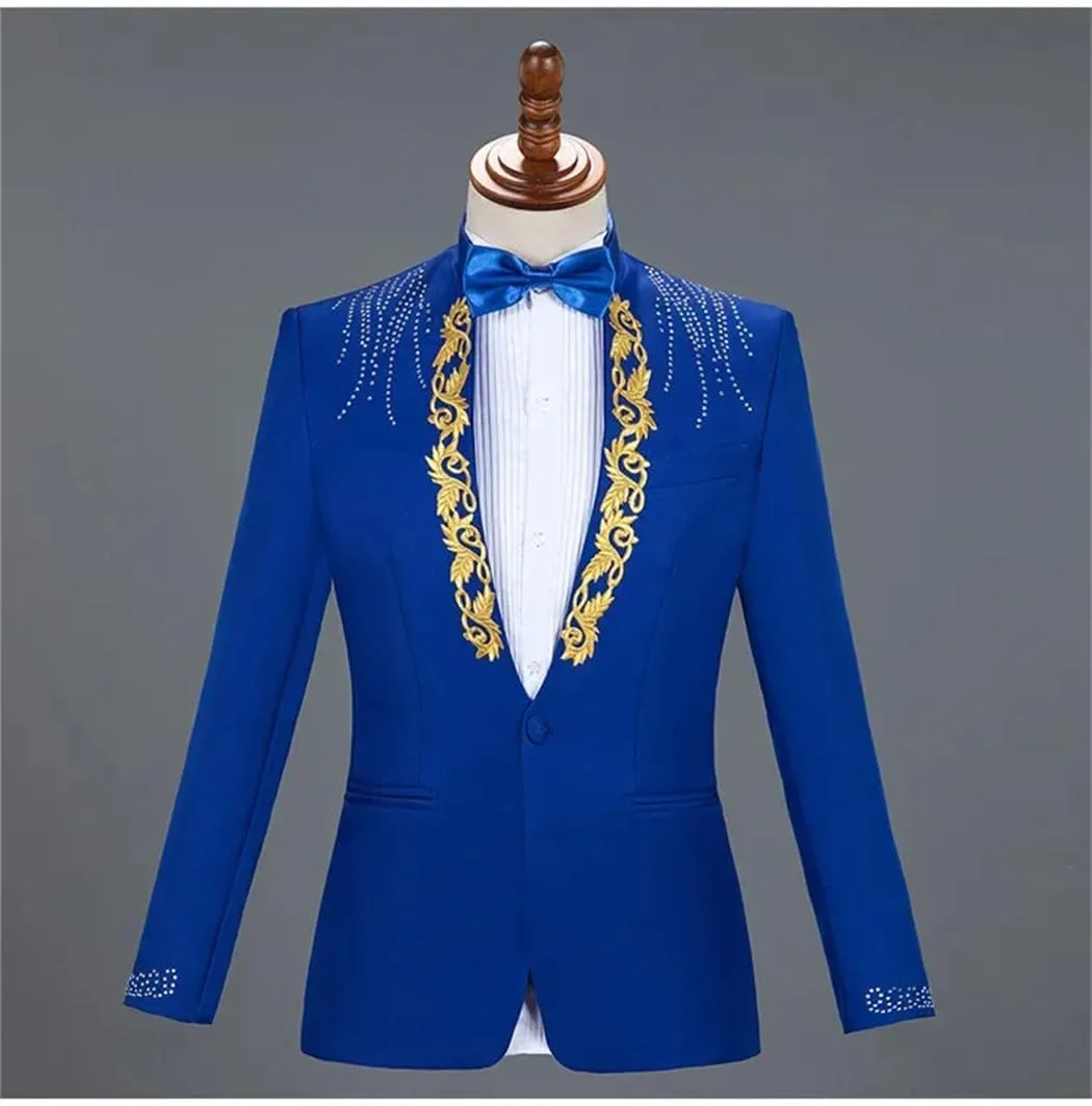 Men's 2 Piece Suits Slim Fit Stand Collar 1 Button Shining Embroidered Flower Blazers and Pants