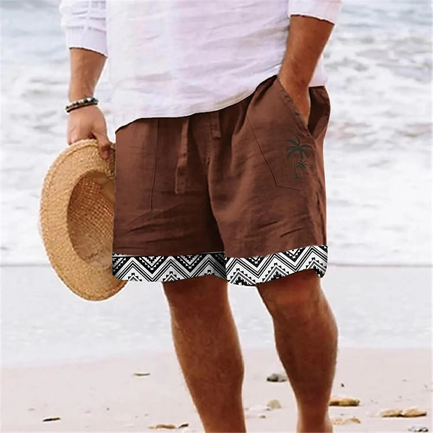 Mens 4XL Linen Summer Beach Shorts Tree Printed Beach Trendy Shorts Mens 4XL Linen Summer Beach Shorts Mens Linen