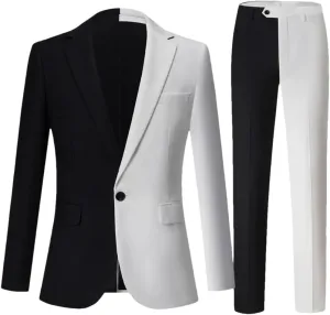 MenS Black &White Contrast Color Suit Male Party 2 Pcs Blazers Jacket Pants Sets
