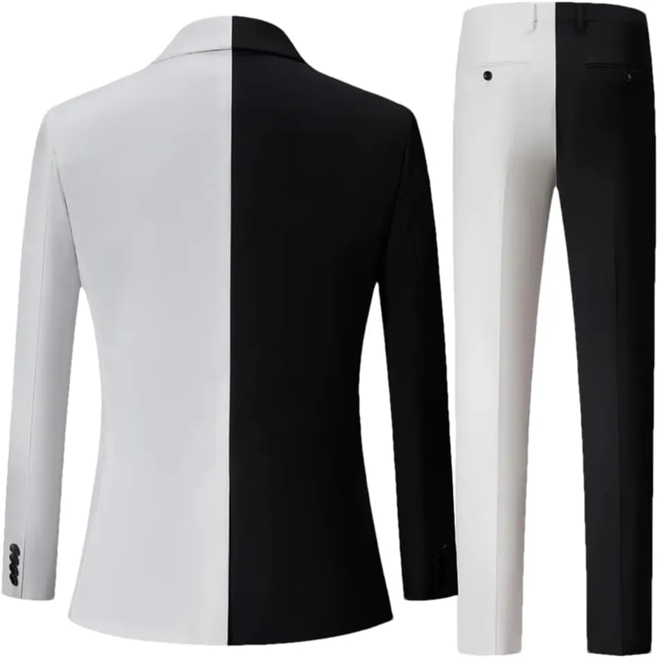 MenS Black &White Contrast Color Suit Male Party 2 Pcs Blazers Jacket Pants Sets