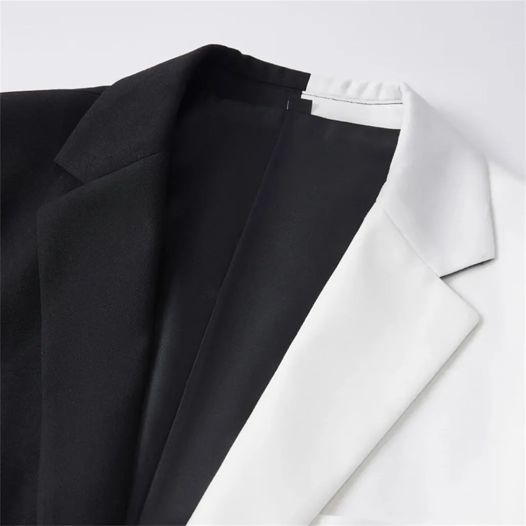MenS Black &White Contrast Color Suit Male Party 2 Pcs Blazers Jacket Pants Sets