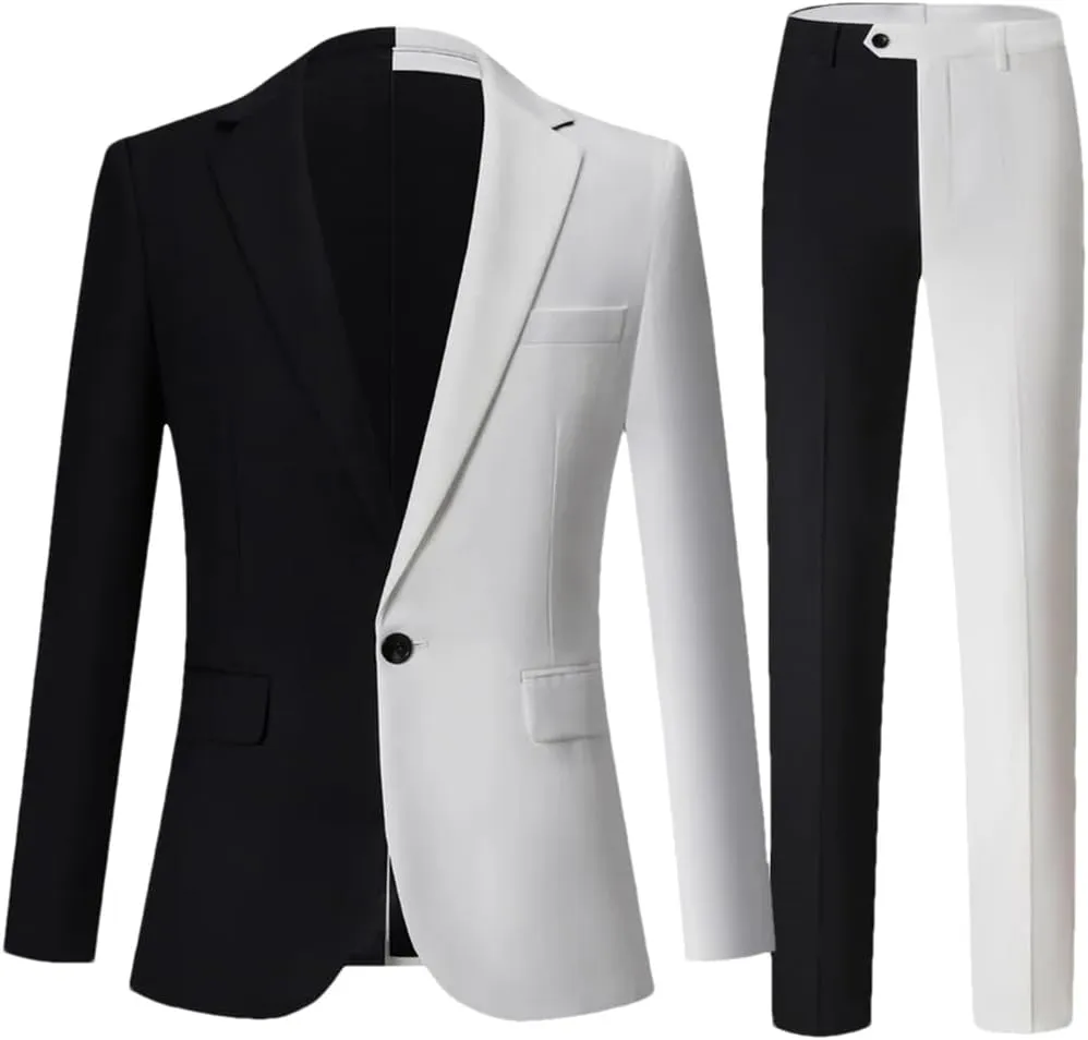 MenS Black &White Contrast Color Suit Male Party 2 Pcs Blazers Jacket Pants Sets