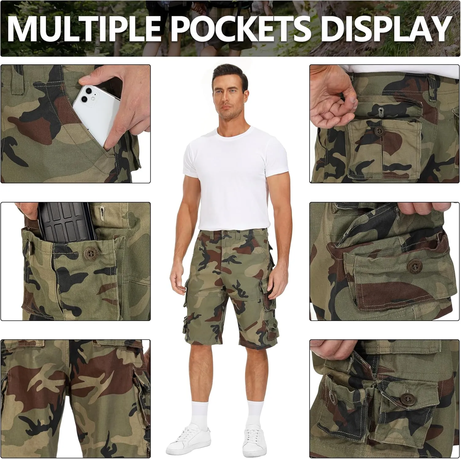 Mens Cargo Shorts Cotton Relaxed Fit Camo Shorts Casual Work Shorts with 9 Pockets No Belt