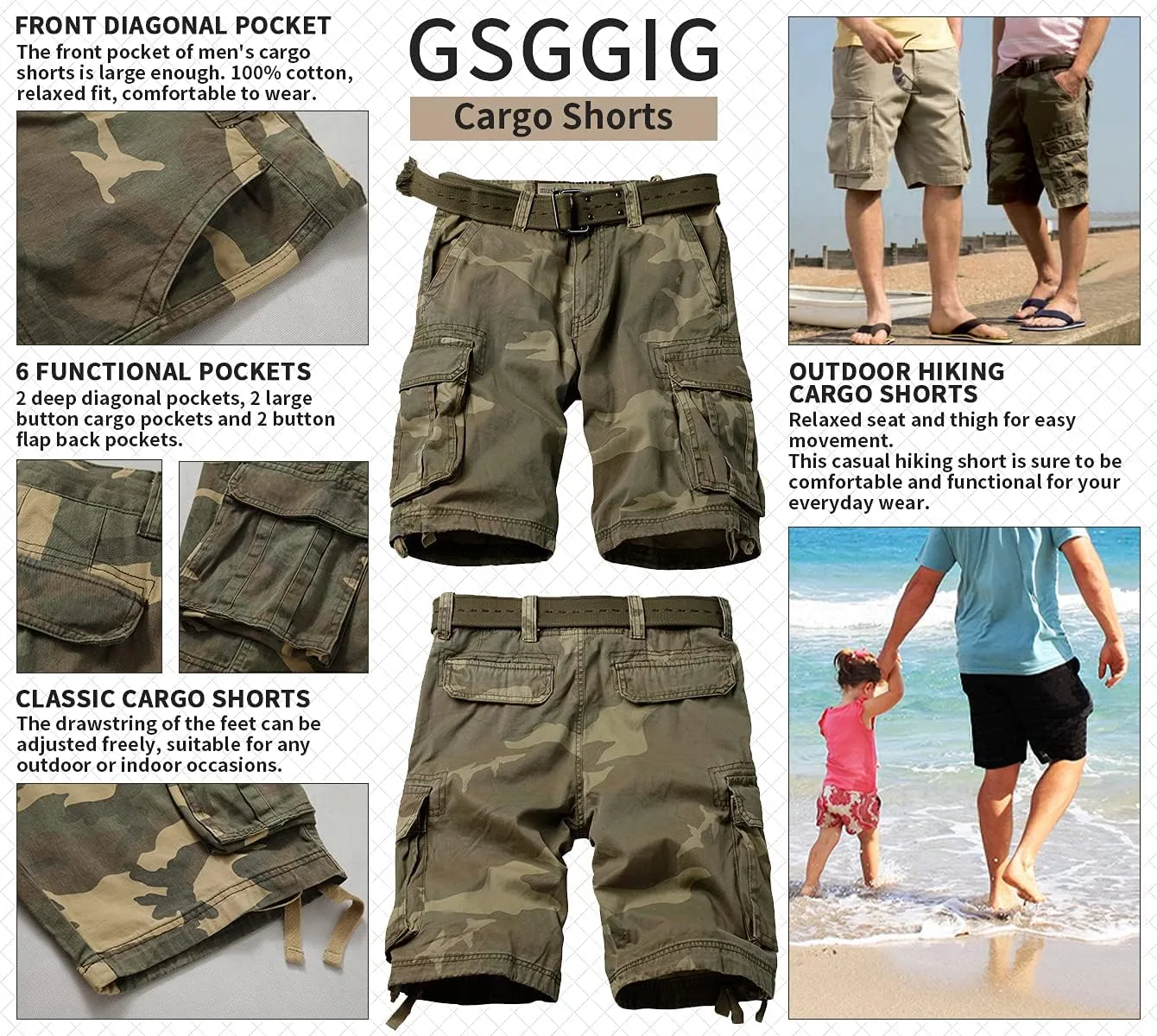 Mens Cargo Shorts Relaxed Fit Camo Casual Shorts Multi-Pocket Work Shorts with Pockets 11" Inseam