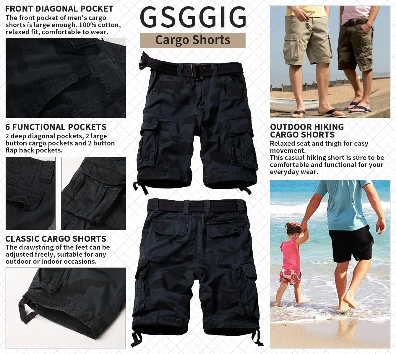 Mens Cargo Shorts Relaxed Fit Camo Casual Shorts Multi-Pocket Work Shorts with Pockets 11" Inseam