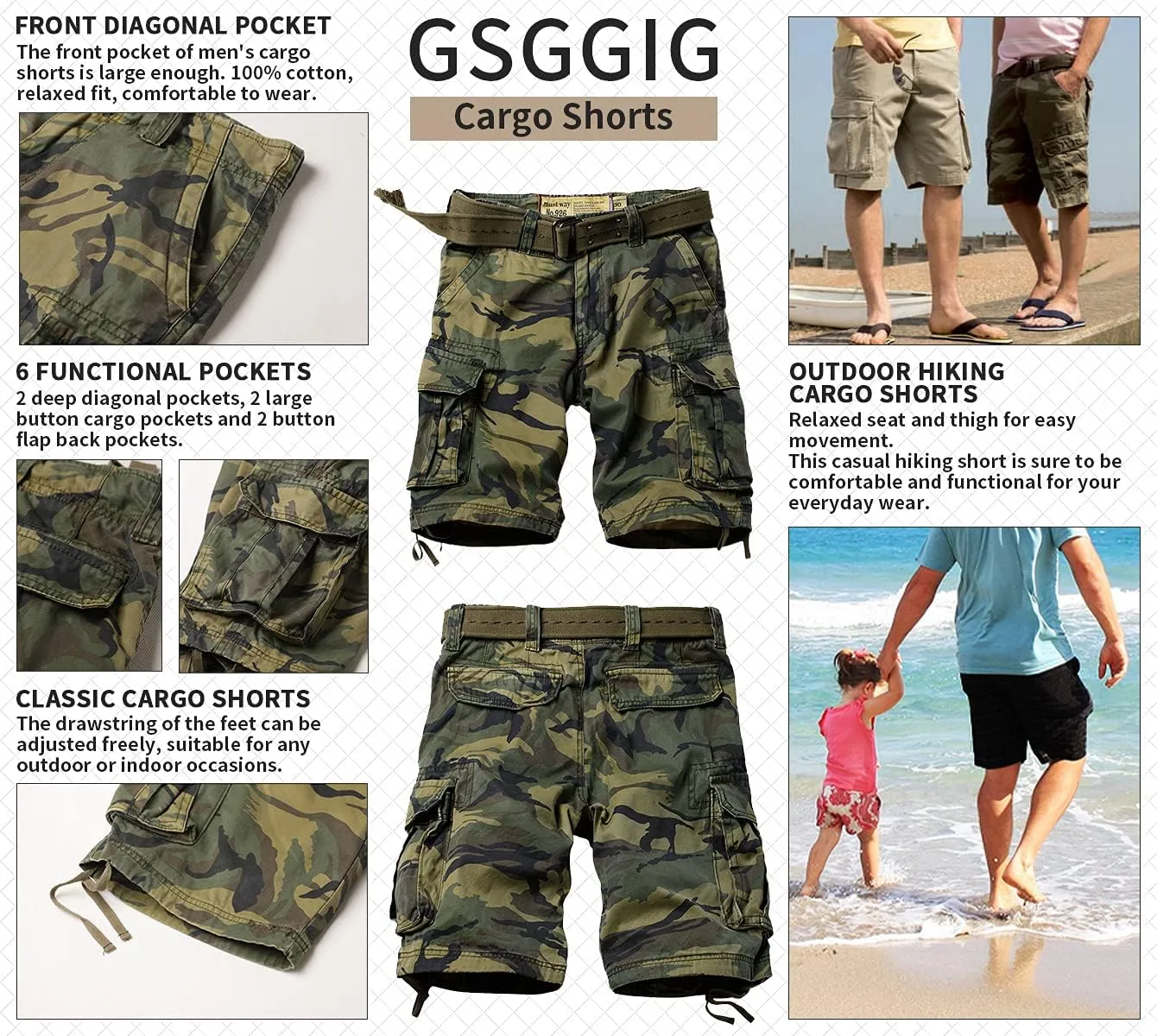 Mens Cargo Shorts Relaxed Fit Camo Casual Shorts Multi-Pocket Work Shorts with Pockets 11" Inseam