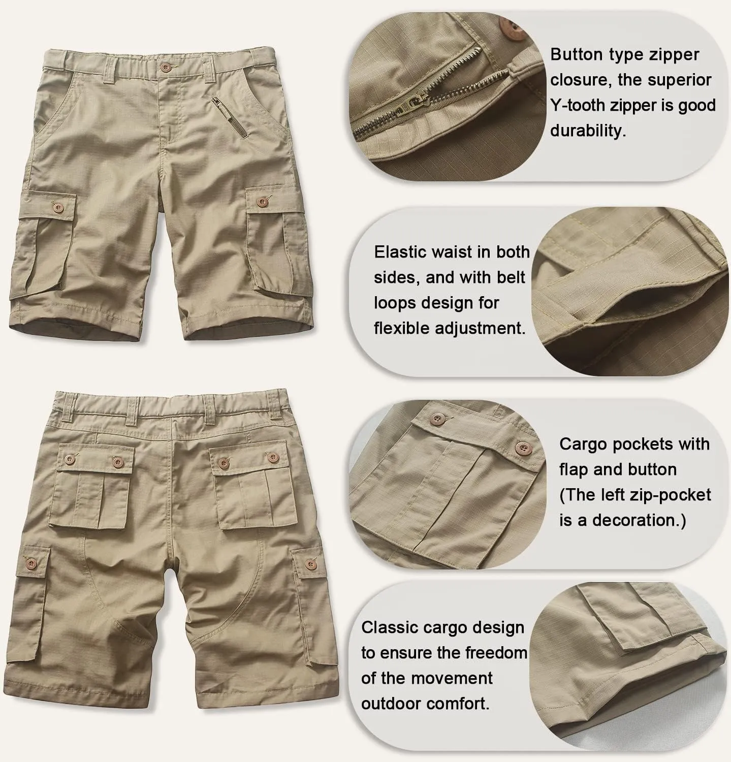 Men's Cargo Shorts Relaxed Fit Elastic Waist Casual Work Shorts 11" Inseam Outdoor Shorts with 6 Pockets