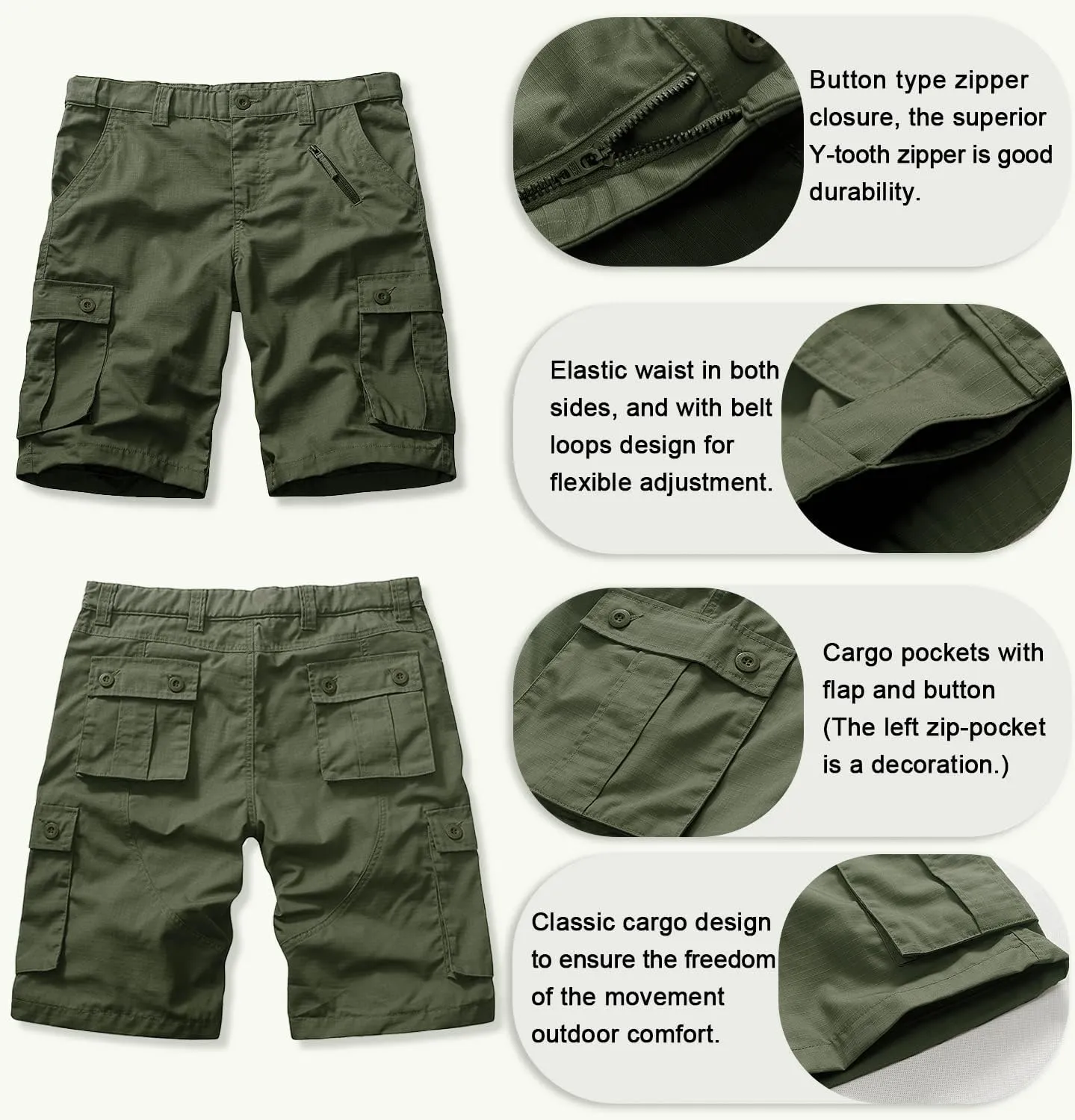Men's Cargo Shorts Relaxed Fit Elastic Waist Casual Work Shorts 11" Inseam Outdoor Shorts with 6 Pockets
