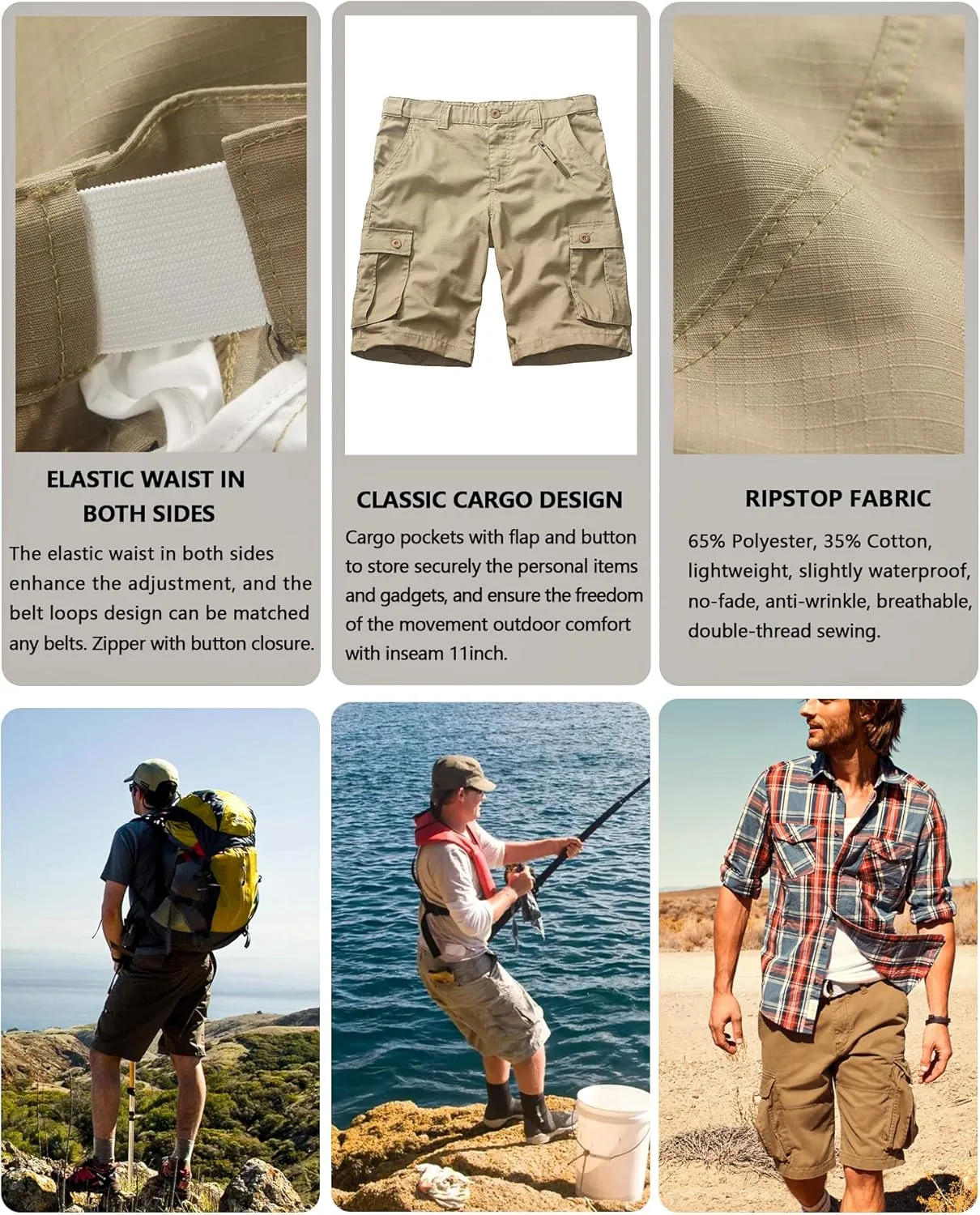 Men's Cargo Shorts Relaxed Fit Elastic Waist Casual Work Shorts 11" Inseam Outdoor Shorts with 6 Pockets