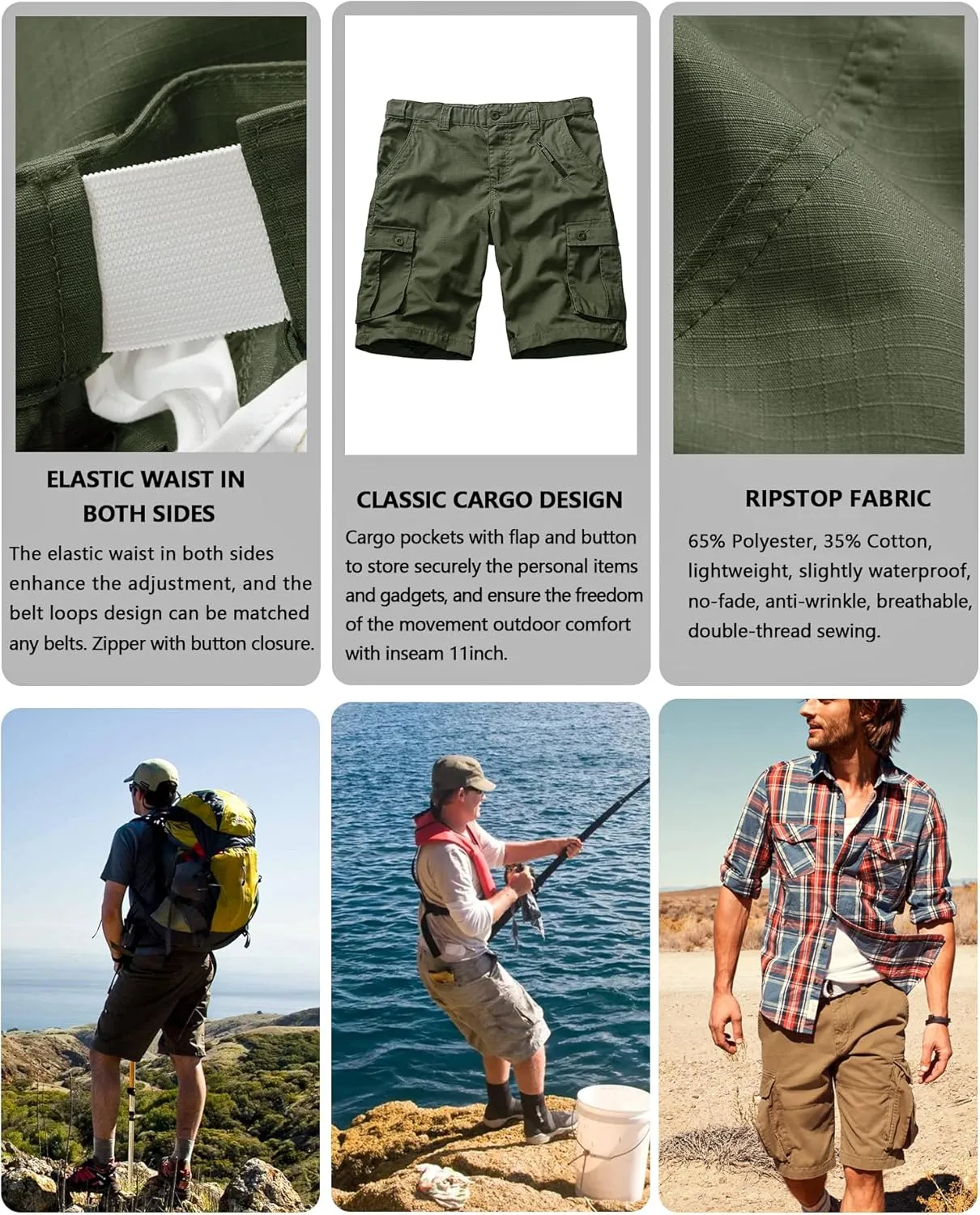 Men's Cargo Shorts Relaxed Fit Elastic Waist Casual Work Shorts 11" Inseam Outdoor Shorts with 6 Pockets