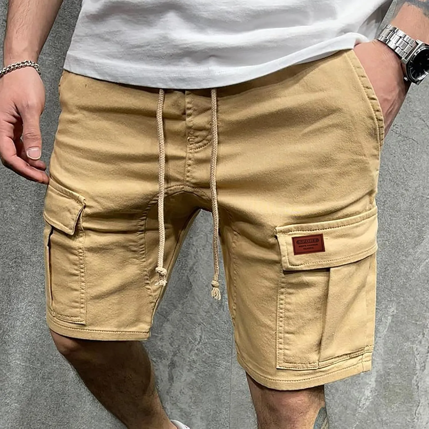 Mens Cargo Shorts Relaxed Fit Multi Pocket Cotton Twill Work Shorts Drawstring Casual Shorts Outdoor Hiking Shorts