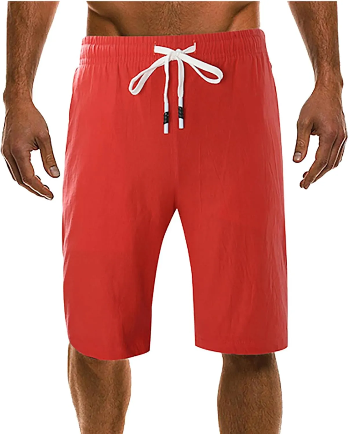 Men's Casual Cotton Linen Shorts Flat Front Trendy Drawstring Beach Shorts Lightweight Stretch Waistband Shorts with Pockets