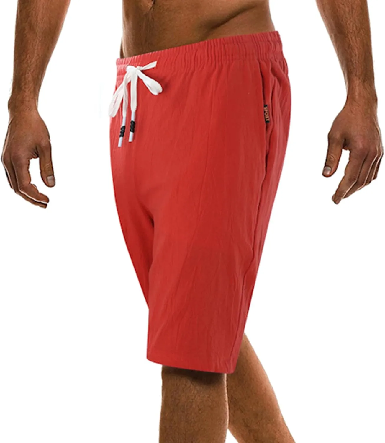 Men's Casual Cotton Linen Shorts Flat Front Trendy Drawstring Beach Shorts Lightweight Stretch Waistband Shorts with Pockets