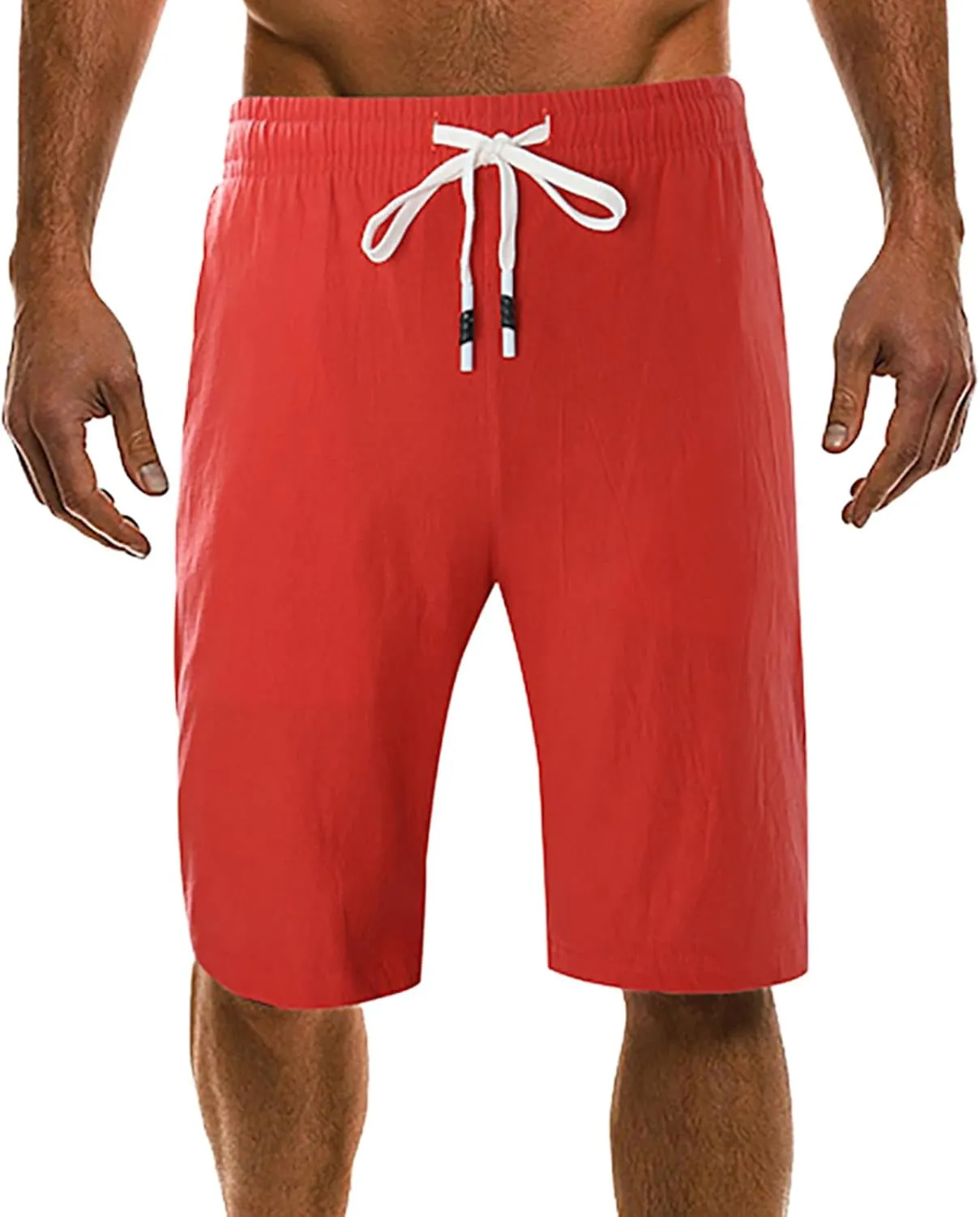 Men's Casual Cotton Linen Shorts Flat Front Trendy Drawstring Beach Shorts Lightweight Stretch Waistband Shorts with Pockets