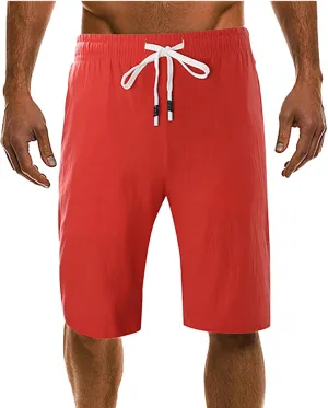 Men's Casual Cotton Linen Shorts Flat Front Trendy Drawstring Beach Shorts Lightweight Stretch Waistband Shorts with Pockets