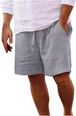 Mens Cotton Linen Shorts Casual Summer Beach Drawstring Linen Cotton Short Elastic Waist Shorts Summer Beach Shorts