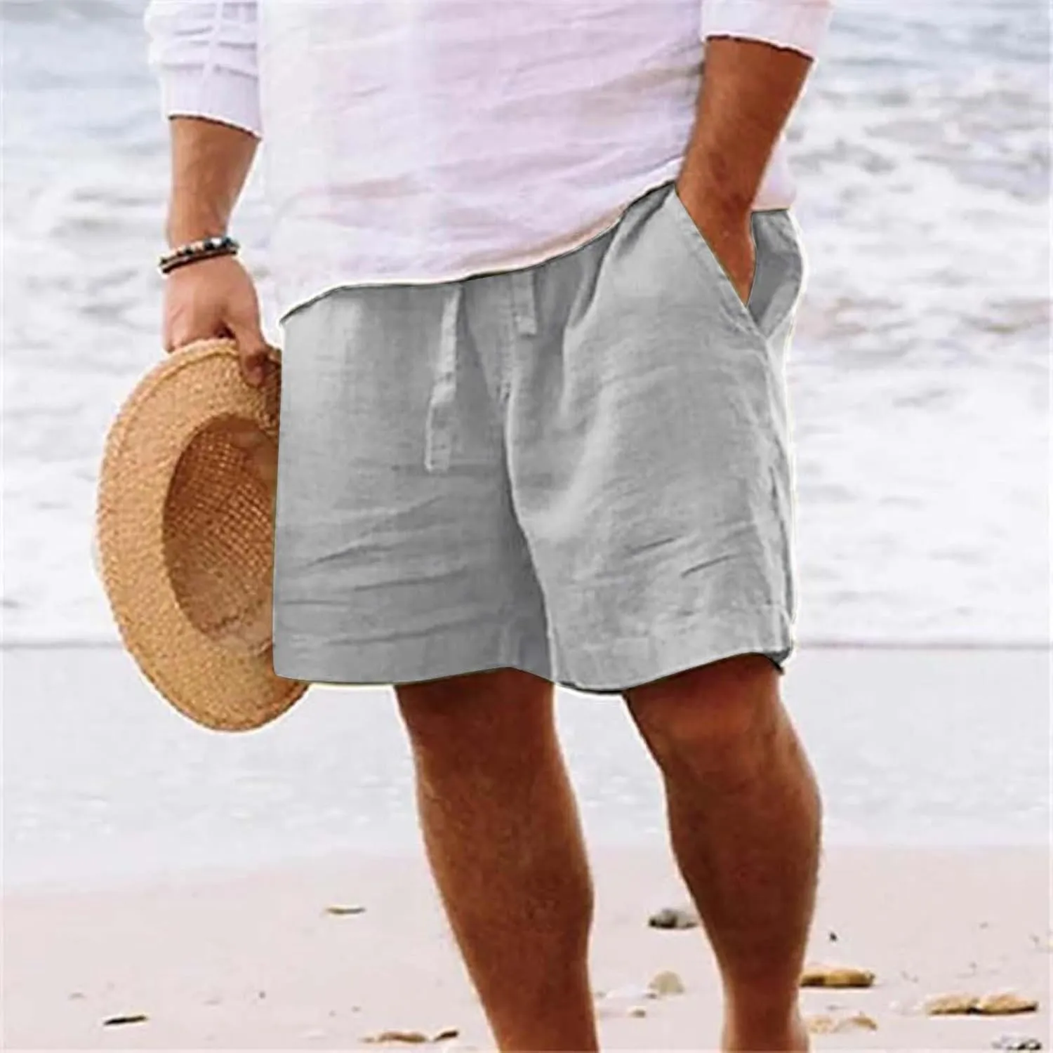 Mens Cotton Linen Shorts Casual Summer Beach Drawstring Linen Cotton Short Elastic Waist Shorts Summer Beach Shorts