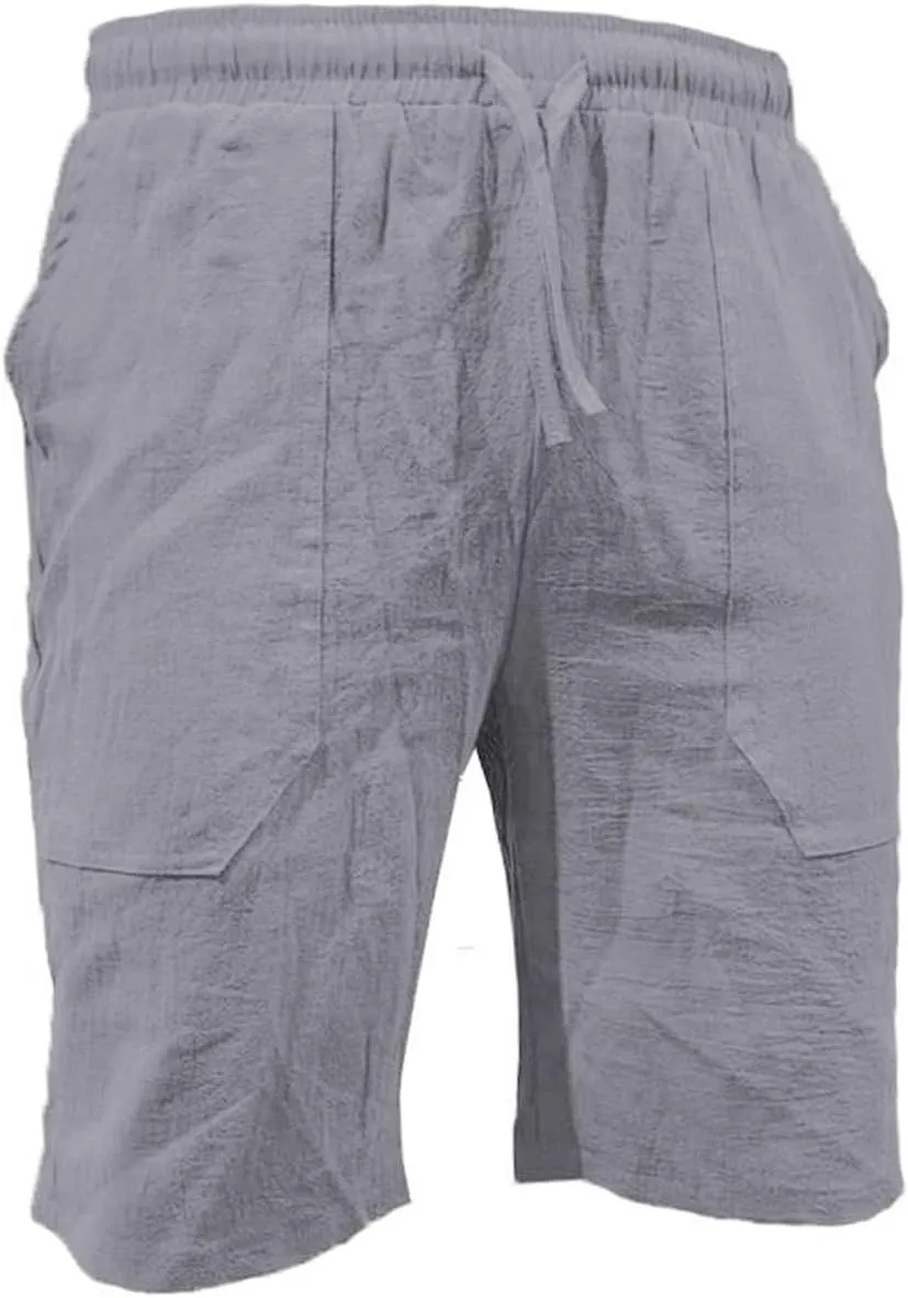 Mens Cotton Linen Shorts Casual Summer Beach Drawstring Linen Cotton Short Elastic Waist Shorts Summer Beach Shorts
