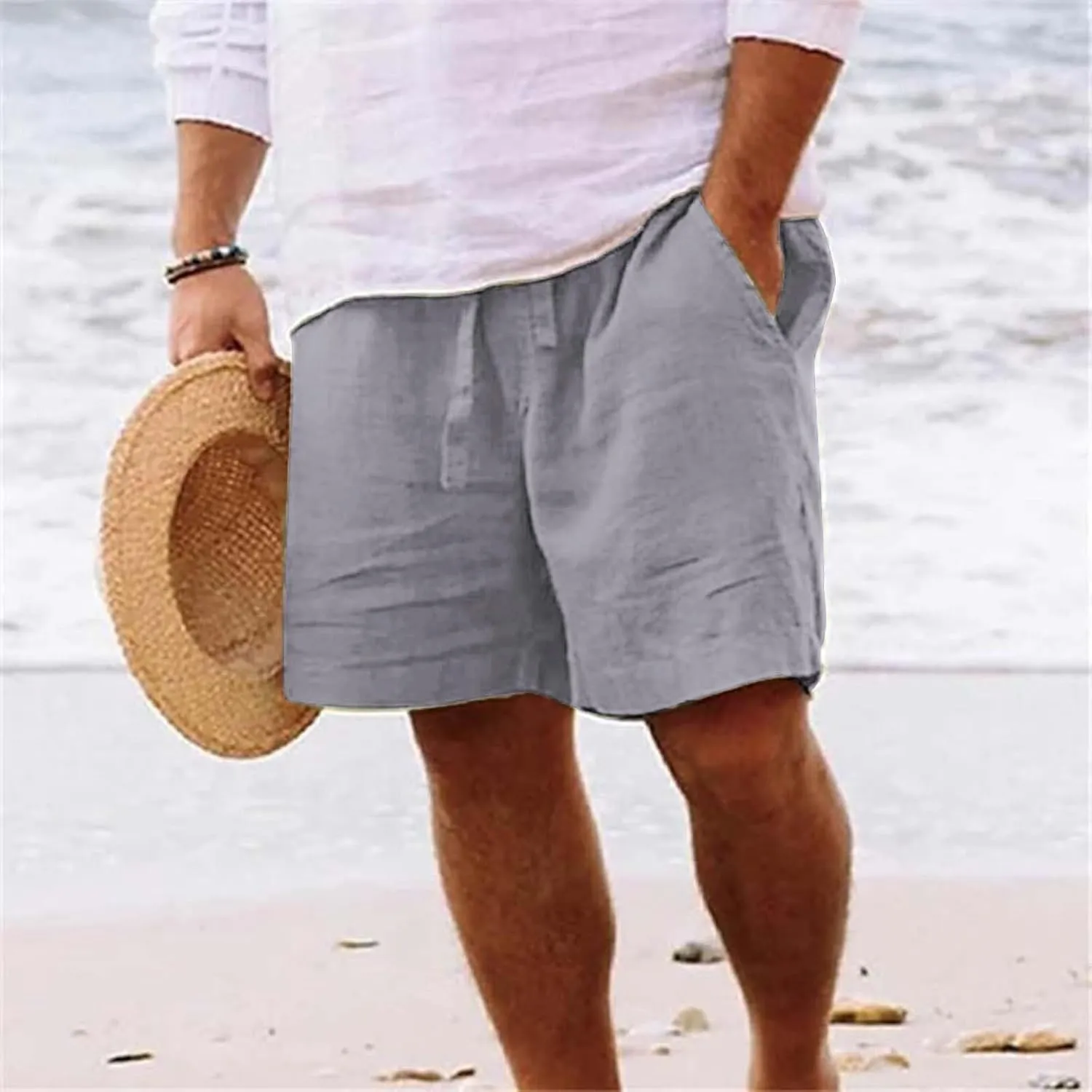 Mens Cotton Linen Shorts Casual Summer Beach Drawstring Linen Cotton Short Elastic Waist Shorts Summer Beach Shorts
