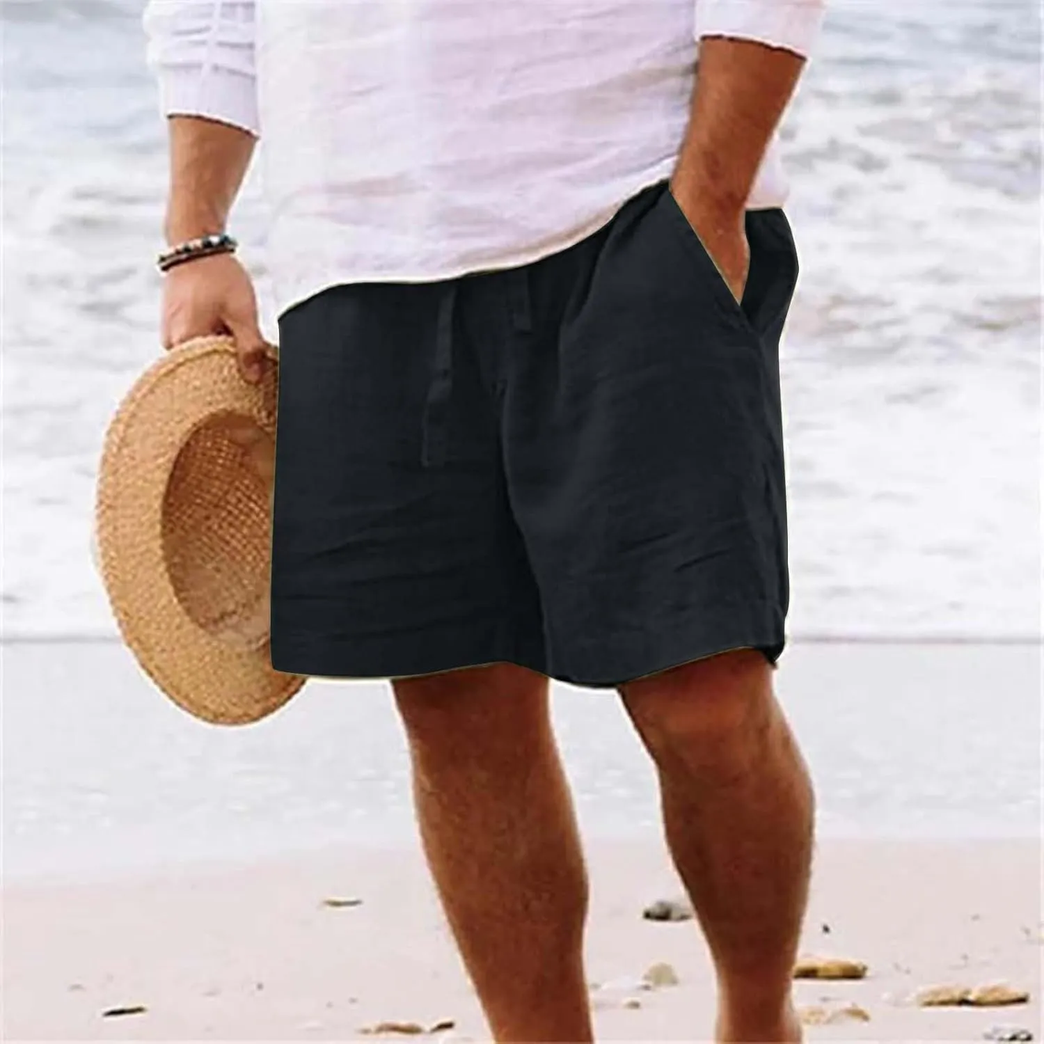 Mens Cotton Linen Shorts Casual Summer Beach Drawstring Linen Cotton Short Elastic Waist Shorts Summer Beach Shorts