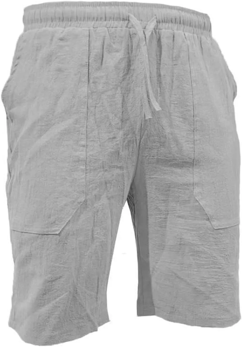 Mens Cotton Linen Shorts Casual Summer Beach Drawstring Linen Cotton Short Elastic Waist Shorts Summer Beach Shorts