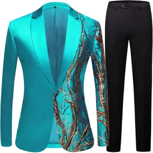 Men's Embroidered Sequin Suit Set 1 Button Slim Fit Prom Sport Coats and Pants Wedding Banquet Blazers Tuxedo