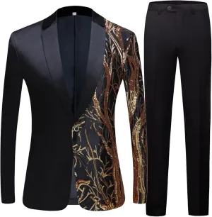 Men's Embroidered Sequin Suit Set 1 Button Slim Fit Prom Sport Coats and Pants Wedding Banquet Blazers Tuxedo