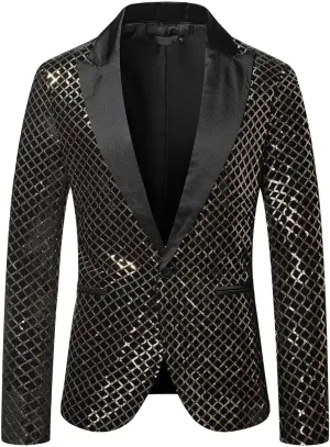 Mens Floral Sequin Suit Blazer Tuxedo Peak Lapel One Button Dress Coat Shiny Party Prom Wedding Jacket