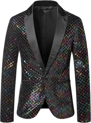 Mens Floral Sequin Suit Blazer Tuxedo Peak Lapel One Button Dress Coat Shiny Party Prom Wedding Jacket