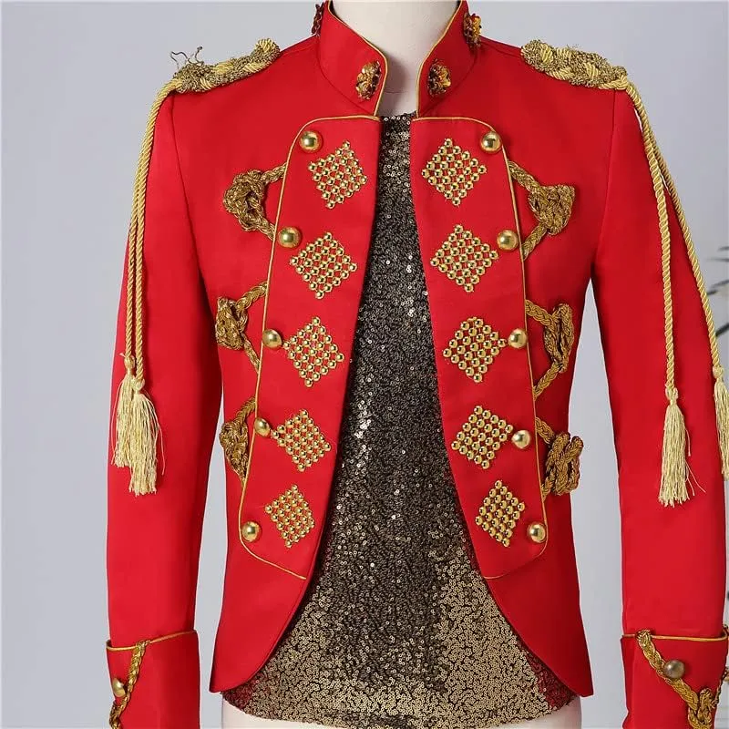 Mens Gold Tassels White Suit Jacket Stand Collar Slim Fit Steampunk Blazers Gothic Vintage Uniform Costumes