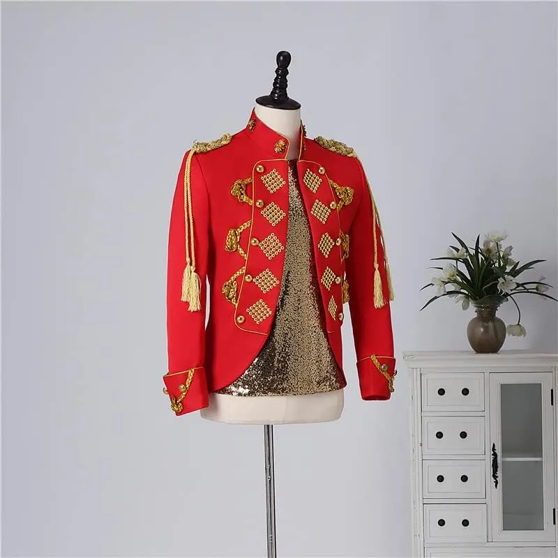 Mens Gold Tassels White Suit Jacket Stand Collar Slim Fit Steampunk Blazers Gothic Vintage Uniform Costumes