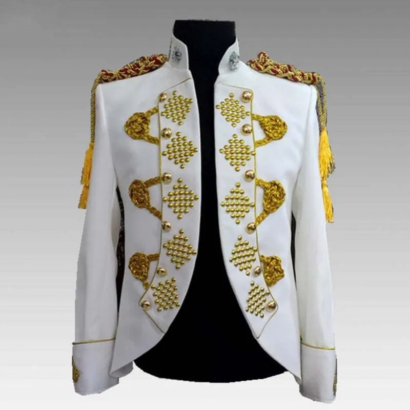 Mens Gold Tassels White Suit Jacket Stand Collar Slim Fit Steampunk Blazers Gothic Vintage Uniform Costumes