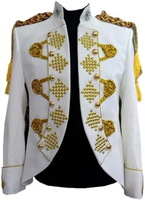 Mens Gold Tassels White Suit Jacket Stand Collar Slim Fit Steampunk Blazers Gothic Vintage Uniform Costumes