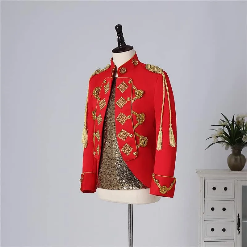 Mens Gold Tassels White Suit Jacket Stand Collar Slim Fit Steampunk Blazers Gothic Vintage Uniform Costumes