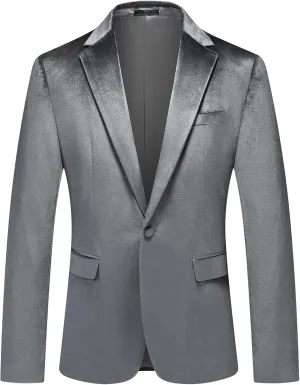 Mens Grey Velvet Blazer Jacket Slim Fit Dress Tuxedo Suit Jacket One Button Notch Lapel for Dinner Party Prom Wedding Sports Coat