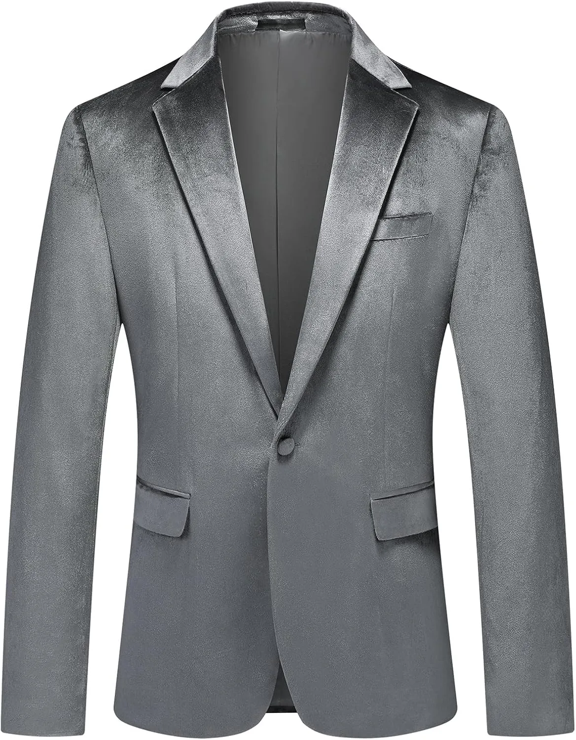 Mens Grey Velvet Blazer Jacket Slim Fit Dress Tuxedo Suit Jacket One Button Notch Lapel for Dinner Party Prom Wedding Sports Coat
