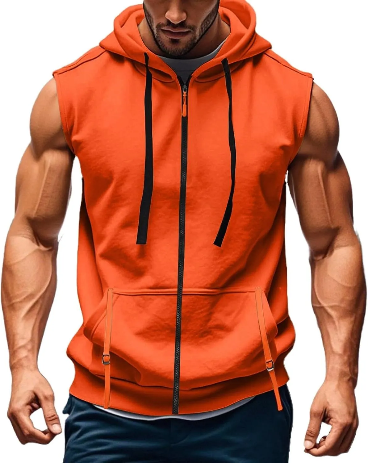 Mens Gym Top Streetwear Full Zip Hoodies Fashion Casual Muscle Fit Hooded Jacket for Basketball Workout Outdoor Cargo Vest Sweatshirt with Kangaroos Pockets Orange