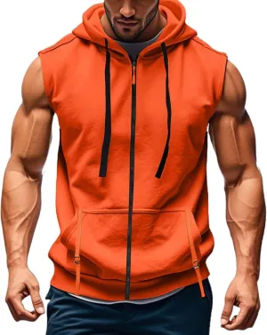 Mens Gym Top Streetwear Full Zip Hoodies Fashion Casual Muscle Fit Hooded Jacket for Basketball Workout Outdoor Cargo Vest Sweatshirt with Kangaroos Pockets Orange