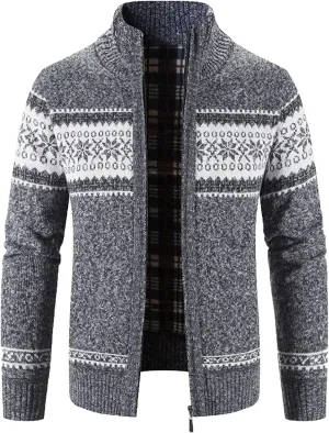 Mens Heavy Warm Sherpa Fleece Lined Stripe Hoodie Jackets Zip Up Thick Cable Knitted Cardigan Sweater Coats