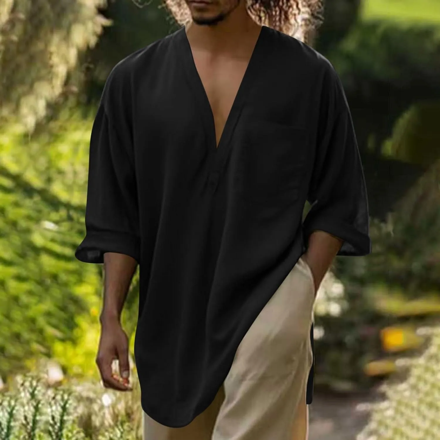 Mens Linen Shirt, Summer Lightweight Short Sleeve V-Neck Beach Yoga Top Casual Baggy Hippie Henley T Shirts Blouse