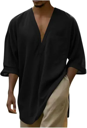 Mens Linen Shirt, Summer Lightweight Short Sleeve V-Neck Beach Yoga Top Casual Baggy Hippie Henley T Shirts Blouse