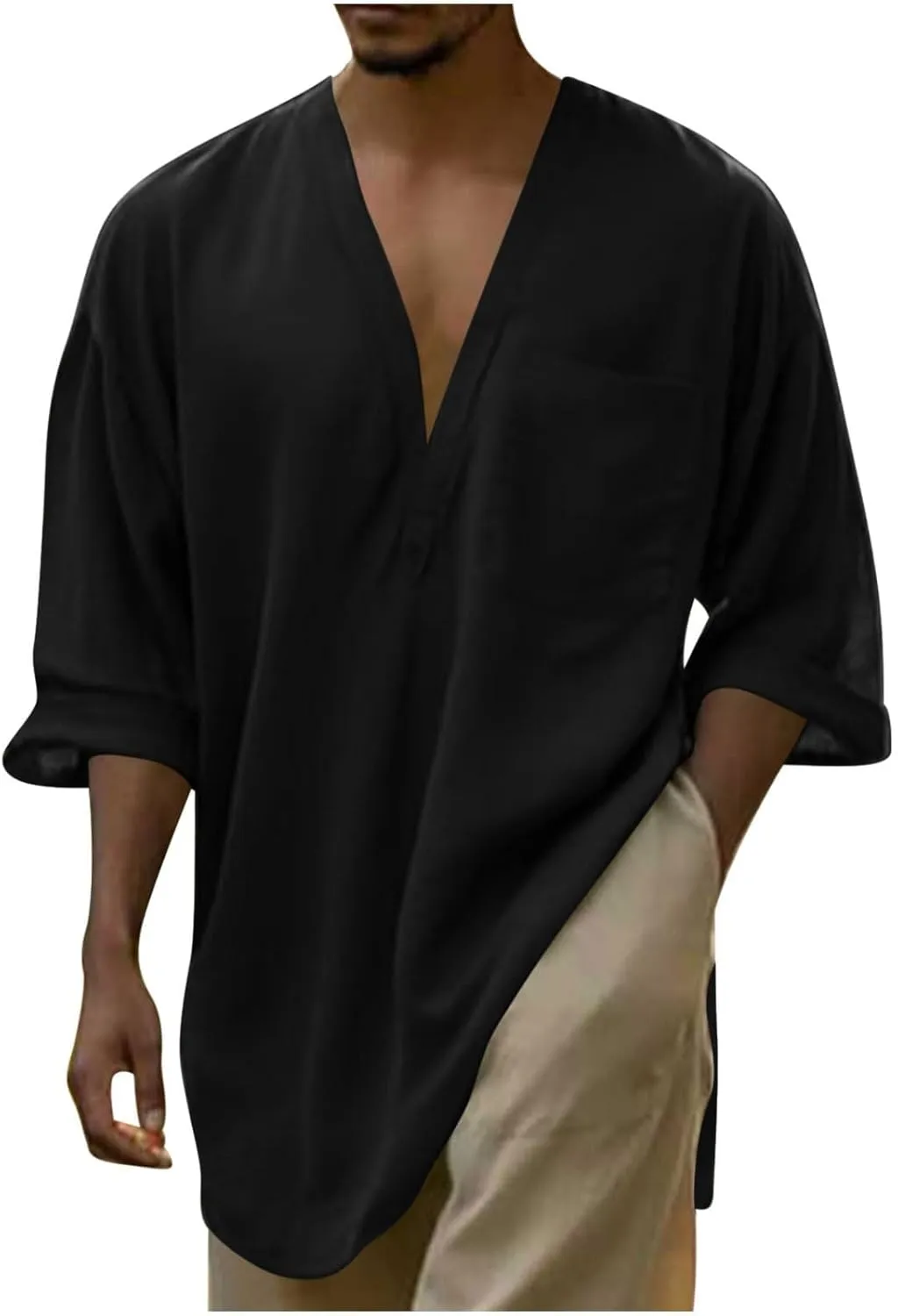 Mens Linen Shirt, Summer Lightweight Short Sleeve V-Neck Beach Yoga Top Casual Baggy Hippie Henley T Shirts Blouse
