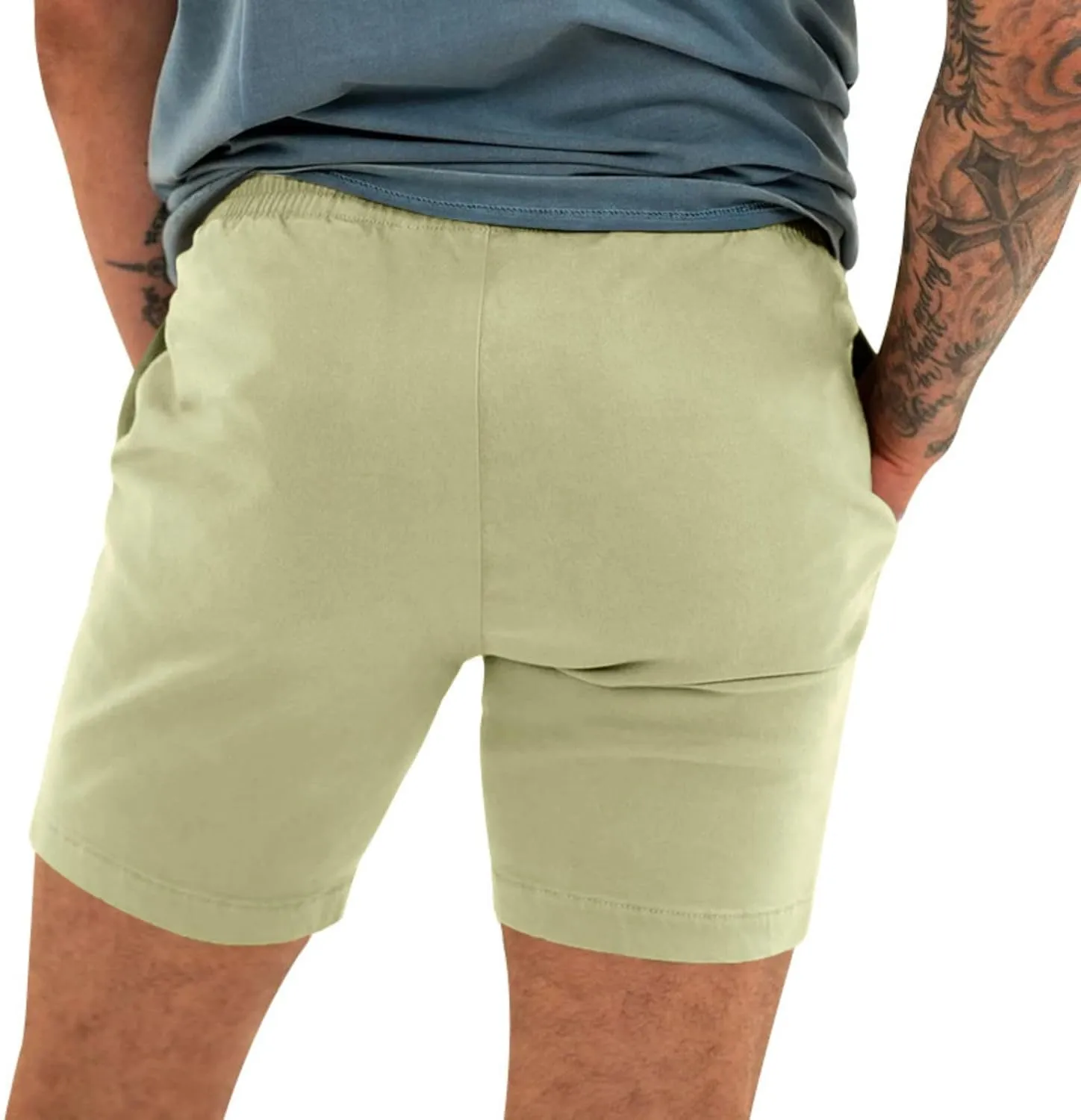 Mens Linen Shorts Casual Cotton Short Pants Summer Classic Beach Shorts Elastic Waist Drawstring Shorts with Pockets