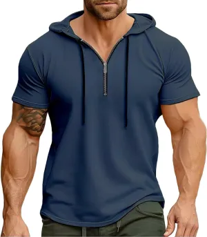 Mens Quarter Zip Hoodies Short Sleeve Shirts with Drawstring Casual Lightweight Muscle Workout Athletic Hooded Tshirt